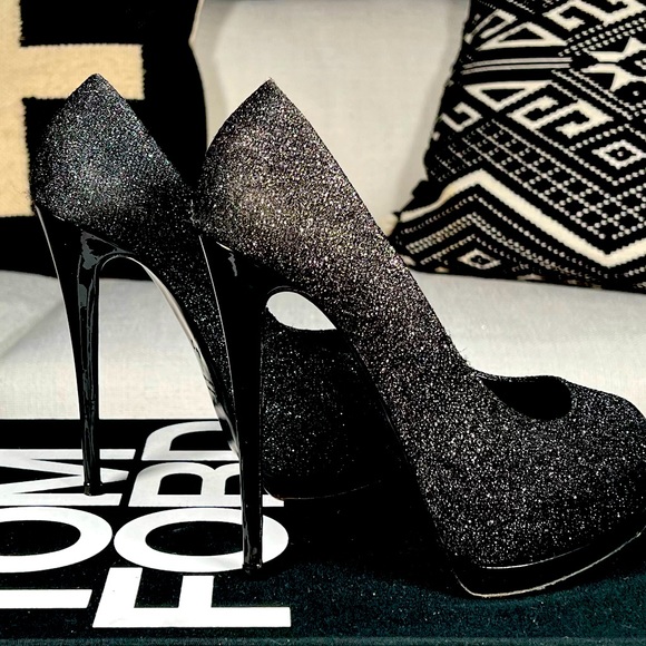 Giuseppe Zanotti Black Glitter And Metallic Textured Suede Platform Pumps Size 7 - Picture 5 of 7